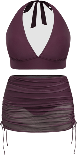 V-neck Halter Cheeky Tankini Swimsuit With Drawstring Cover Up Skirt Curve & Plus
