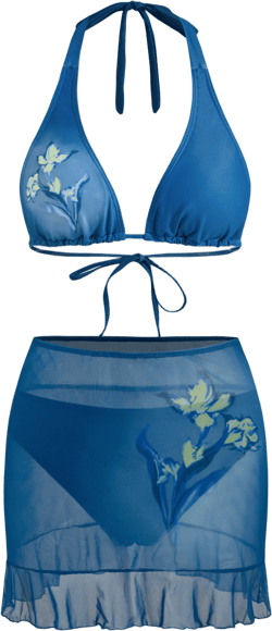 V-neck Floral Halter Cheeky Bikini Swimsuit With Floral Cover Up Skirt