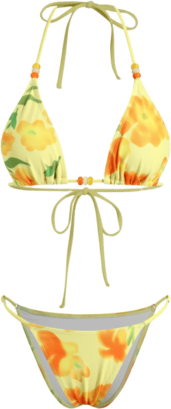 V-neck Floral Beaded Knotted Triangle Bikini Set With Sarong