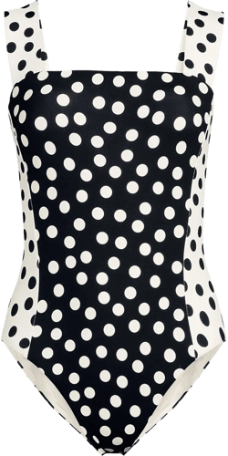 Lands' End Women's Long Torso Women's Square Neck High Leg One Piece Swimsuit - 12 - Black/Egret Mixed Tossed Dots