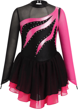 AFAVOM Figure Skating Dress for Girls Long Sleeve Mesh Rhinestones Ice Skating Dresses Ballet Leotard Competition Dancewear 11-12 Years Hot Pink