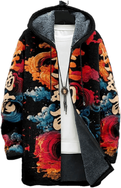 Ethnic Graphic Coats for Men Mens Cardigan Sweater Long Sleeve Full Zip Japanese Art Hooded Jacket With Pockets Word Black Large