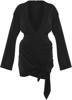 Black Woven Plunge Wrap Shirt Dress