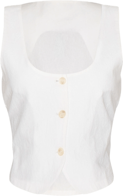  White Linen Look Tailored Scoop Neck Fitted Vest