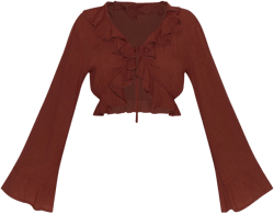 Petite Chocolate Cheesecloth Ruffle Tie Front Long Sleeve Top