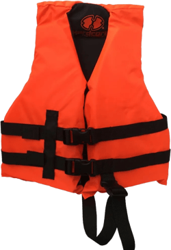 Hardcore life jacket paddle vest; Coast Guard approved Type III PFD life vest flotation device; Jet ski, wakeboard Neon Orange Child (30-50 lbs)