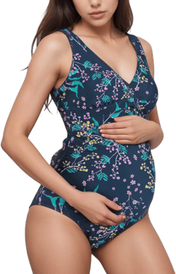 Anna-Kaci Swim Women's Floral Print One-Piece Maternity Swimsuit with V-Neckline and Ruched Waist Design - X Large, Blue