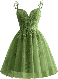 Spaghetti Strap Lace Homecoming Dresses for Teens Tulle Flowy Short Prom Cocktail Party Dress 2024 2 Olive Green