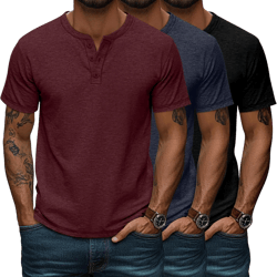 Huukeay 3 Pack Men's Big & Tall Henley Short Sleeve Shirts, Cotton Crew Neck Casual Button T-Shirts Summer Basic Tees Tops Black, Navy Blue, Wine Red 4X-Large