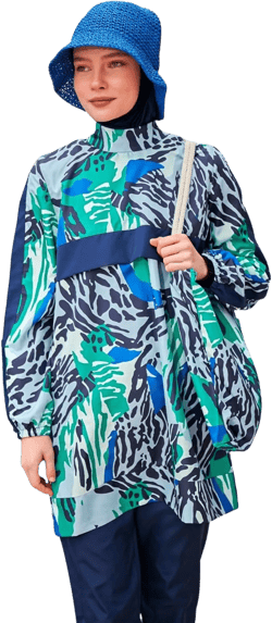 Islamic Full-Length Patterned Modest Swimsuit for Women | 4 PCS Muslim Burkini Set | Full Coverage Long Sleeve Rash Guard Navy Blue-2 Small