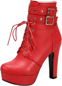 Tscoyuki Womens Buckle Straps Block Heeled Booties with Studded, Lace Up Platform Ankle Boots for Women Round Toe High Heels Short Boots 8.5 4-red
