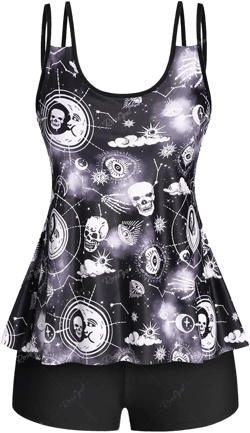 Rosegal Plus Size Women 2 Piece Swimsuit Galaxy Sun Moon Skull Print Tankini Swimwear Gothic Modest Bathing Suit with Shorts(Black_8/3X) : Clothing, Shoes & Jewelry