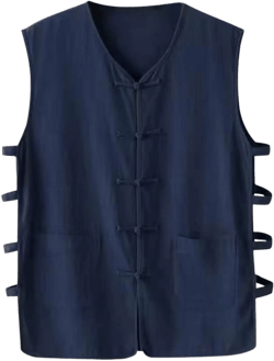 Mens Chinese Kung Fu Shirt Sleeveless Cotton Linen Vest Frog Button Tai-Chi Training Clothes Cardigan with Pockets Navy Large