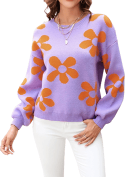 ECOWISH Women's Sweater 2025 Fall - Long Sleeve Crewneck Tops Knit Oversized Pullover Casual Print Jumper X-Large Purple