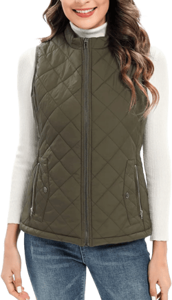 Xeoxarel Women's Quilted Vest with 4 Pockets, Puffer Padded Gilet (Available in Inner Pockets) Small Olive Green