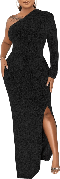 Women's Formal Evening Gowns Elegant Sparkly One Shoulder Maxi Dresses Sexy Long Sleeve High Split Party Long Dress Large Dblack