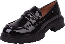 British Style Women's Fashion Loafers, Patent Leather Tassel Loafers, Black Thick-Soled Loafers, Slip-on Thick-Soled Loafers, Simple Casual Flat Shoes, Plus Size Shoes. 8.5 Black1