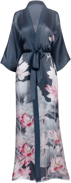 KIM+ONO Women's Silk Kimono Robe Long - Floral Print Lotus- Night Shadow