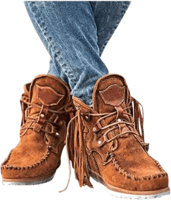 Hbeylia Boho Ankle Booties For Women Ladies With Fringes Ethnic Bohemian Vintage Suede Tassel Lace Up Wide Round Toe Chunky Bottom Heels Low Top Short Boots Retro Beach Slip On Dress Walking Shoes 7.5 Brown