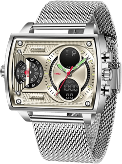Weicam Luxury Men Boy Square Dial Digital Watch Luminous Waterproof Analog Quartz Wrist Watch Dual Display Business Watch Silver