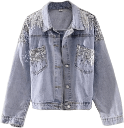 Women Denim Jacket Sequin Turn Down Collar Long Sleeve Jeans Outerwear Female Casual Jacket Plus Size Small Blue