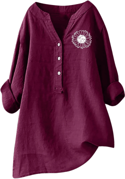 Womens Summer Tops Stand Up Collar Long Sleeve Blouses Cotton Linen Print Tops Fashion Casual Top Loose Holiday Beach Shirts 4X-Large Hot Pink #3