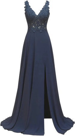 Rjer Chiffon Lace Applique Bridesmaid Dresses V Neck A Line Elegant Long Formal Evening Gowns with Slit 2 Navy Blue