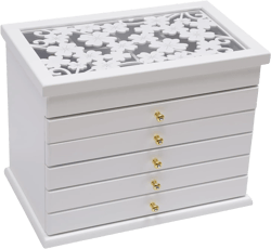 Eapmic Extra Large Four-Leaf Carved 6 Layers Wooden Jewelry Box Jewelry Case Cabinet Armoire Ring Necklacel Gift Storage Box Organizer (White)