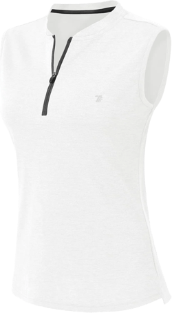YSENTO Women's Golf Apparel Shirts Clothes Outfits Sleeveless 1/4 Zip Collarless Dry Fit UPF 50+ Tennis Polo Tank Tops Small White
