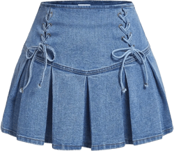 SweatyRocks Women's Plus Size Lace Up Front High Waist A Line Pleated Mini Denim Skirt 3X-Large Plus Light Wash