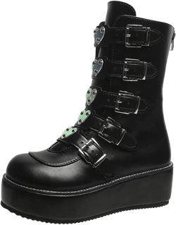 Ulalaza Women's Goth Platform Ankle Boots with Bat Wing Buckles Chunky Block Heels Round Toe Zipper Punk Motorcycle Combat Boots Comfy Short Gothic Booties S6-black 9