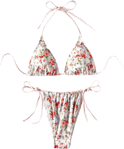 SHENHE Women's 2 Piece Halter Swimsuit Textured Tie Side Triangle Bikini Bathing Suit Floral Printed Multicolor Small