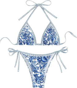 SHENHE Women's 2 Piece Halter Swimsuit Textured Tie Side Triangle Bikini Bathing Suit X-Large Floral Blue White