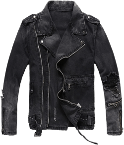 Men's Zippers Black Denim Jean Biker Jacket for Motorcycle Vintage Epaulet Holes Ripped Distressed Coat 4X-Large Black