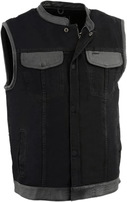 Milwaukee Leather MDM3010 Men's Black Denim Club Style Biker Vest with Leather Trim and Hidden Zipper