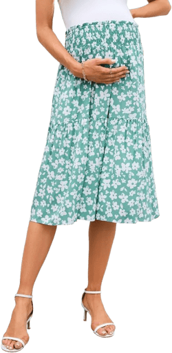 Women's High Elastic Empire Waist Maternity Skirt Summer Casual Floral Pleated Swing A Line Flowy Midi Skirts with Pockets Green Flower S