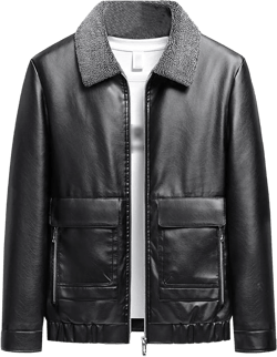 JEShifangjiusu Men's Faux Pu Leather Jacket Fleece Sherpa Lined Long Trench Coats Casual Fur Collar Motorbike Jacket Outwear