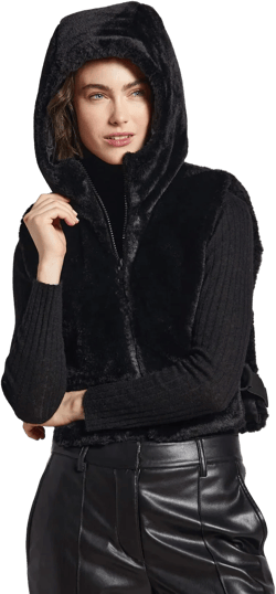 Peanut Faux Fur Hooded Vest - Black