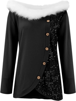 Women's Faux Fur Collar Christmas Tops Sequin Long Sleeve Pullover Tunics Dressy Elegant V Neck Party Shirts Blouses