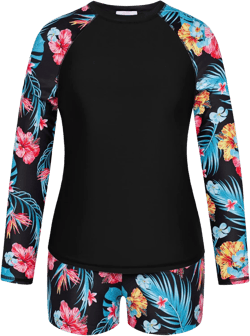 Hanna Nikole Women Plus Size Two Piece Rash Guard Long Sleeve Swimsuits Sun Protection Swim Shirt with Boyshort Bottom