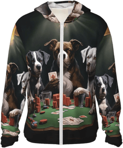 UPF 50+ Sun Protection Hoodie Jacket Full Zip Long Sleeve Sun Shirt Playing Poker Dogs Fishing Shirt Medium Black
