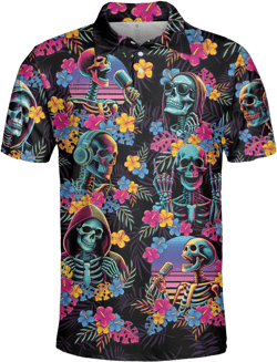 Funny Retro Polo Shirts for Men Color Colorful Golf Polos Mens Polo Shirts Short Sleeve Button Up Shirt Men Medium Neon Floral Skeleton