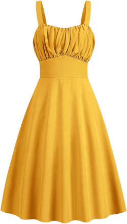 Women Vintage Sleeveless Solid Floral Ruched Summer Cute A-Line Flowy Swing Midi Dress Beach Dresses Medium J05-yellow