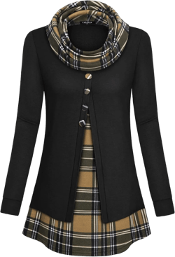 VALOLIA Womens Cowl Neck Long Sleeve Tunic Tops Button Casual Loose Shirts Medium Black Coffee
