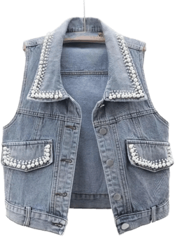 QIUFEN Ladies Denim Sleeveless Jacket - Solid Color Large Size Loose Bead Decoration Denim Vest,Classic Big X-Large Blue