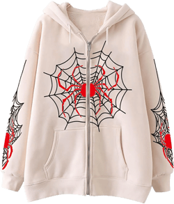 Zip Up Hoodie Women Spider Web Heart Print Graphic Sweatshirts Loose Casual Long Sleeve Hooded Jacket Top with Pocket Large Z02 Khaki