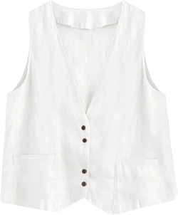 Womens Vest 2023 Summer Cotton Linen Vest Top Vintage Casual Sleeveless Button Down Jacket Loose Vests Outerwear X-Large A White