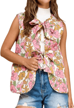 Women Lightweight Floral Printed Vest Sleeveless Padded Gilet Quilted Puffer Coat Bow Tie Open Front Tops Pink Small
