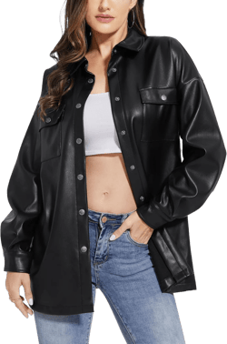 Fahsyee Women Faux Leather Shacket Moto Biker Shirts Loose Fit Blazer Long Sleeves Button Casual Jacket Plus Size S-XXL Small Black-nmflanny