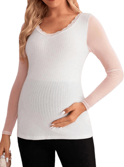 OYOANGLE Women's Maternity Sheer Mesh Long Sleeve Lace Trim V Neck T Shirt Solid Rib Knitted Slim Fit Shirt Tops Small White